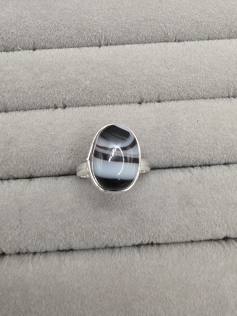 Silver Plated Black & White Banded Agate Ring Size 6
